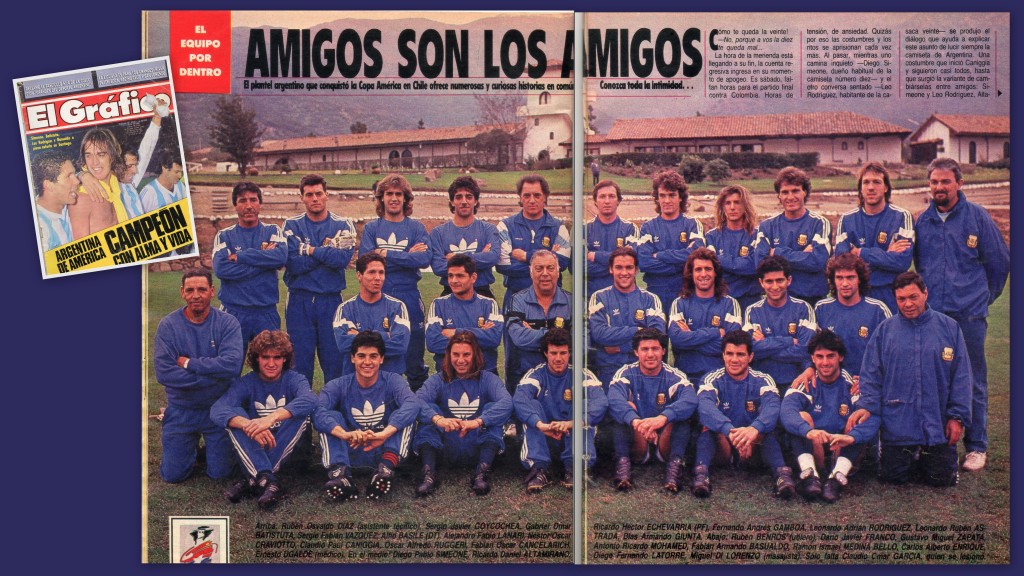 El plantel argentino que ganó la Copa América de Chile en 1991. Foto publicada en la edición de El Gráfico.